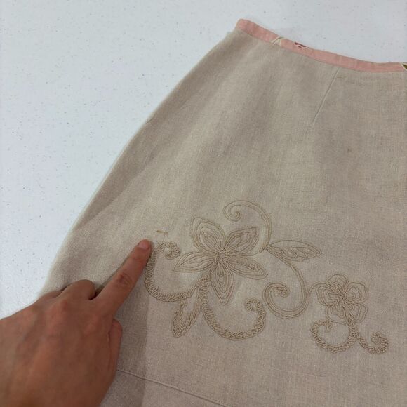 J Jill Linen Tan Skirt 18 Floral Embroidery 3D Ribbon Hanky Hem Cottagecore Boho - Picture 11 of 12